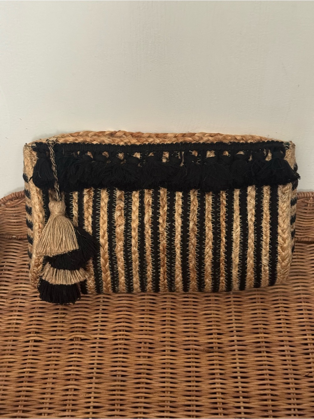 Woven Straw Clutch with Black Trim and Tassel